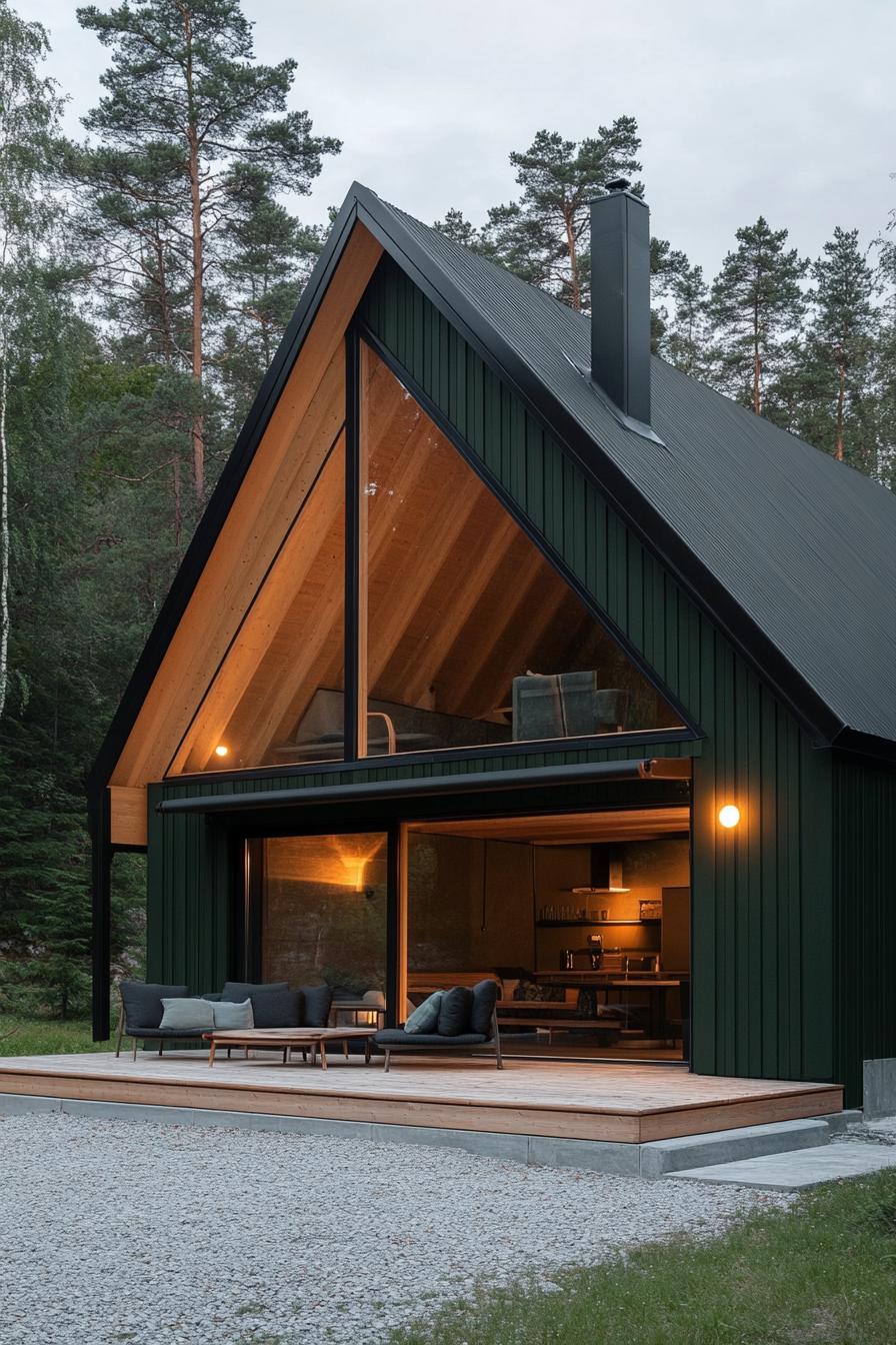 modern dark green a frame cabin with large eaves in natural wood eaves provide cover for a small seating area yard in fine gravel forest in the 1