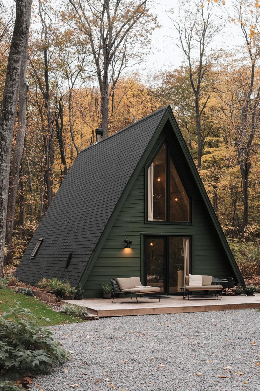 modern dark green a frame cabin with large eaves in natural wood eaves provide cover for a small seating area yard in fine gravel forest in the 2