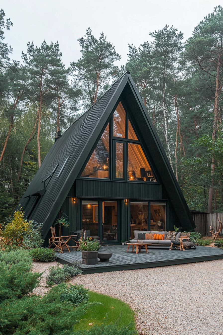 modern dark green a frame cabin with large eaves in natural wood eaves provide cover for a small seating area yard in fine gravel forest in the 3