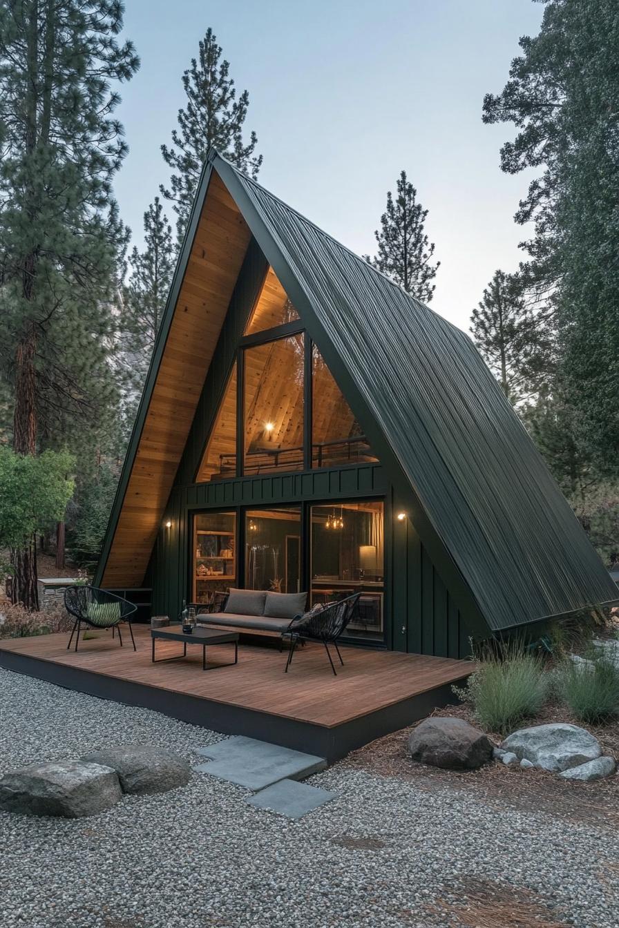 modern dark green a frame cabin with large eaves in natural wood eaves provide cover for a small seating area yard in fine gravel forest in the