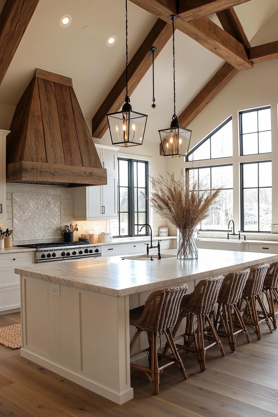 modern farmhouse large kitchen with vaulted ceiling with rustic beams large range hood with rustic wood brim at the back large kitchen island in the 1