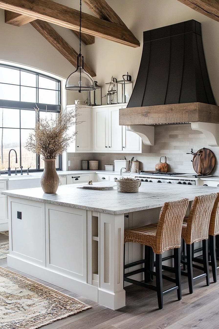 modern farmhouse large kitchen with vaulted ceiling with rustic beams large range hood with rustic wood brim at the back large kitchen island in the 2