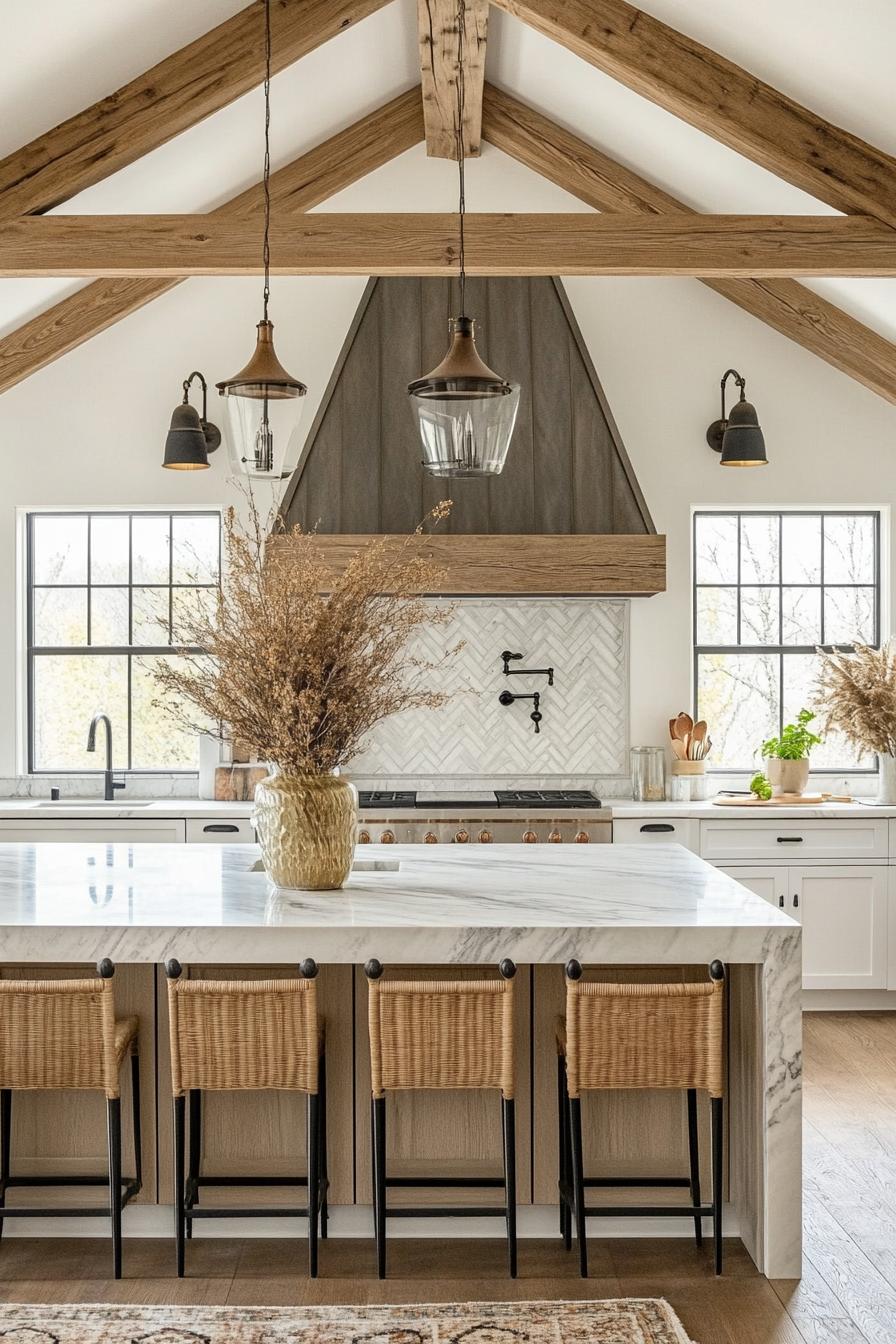 modern farmhouse large kitchen with vaulted ceiling with rustic beams large range hood with rustic wood brim at the back large kitchen island in the 3