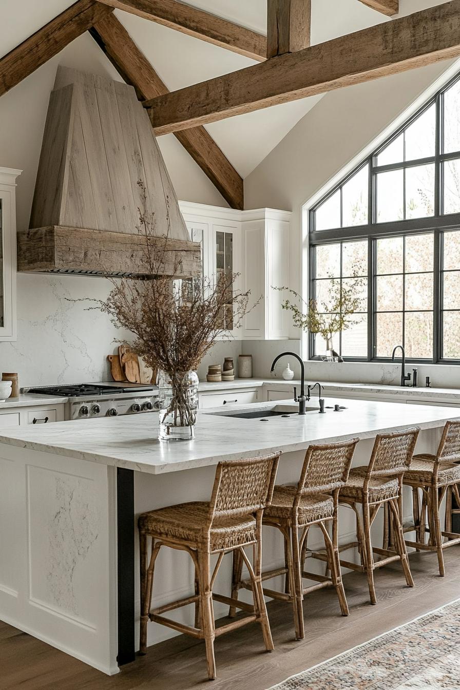 modern farmhouse large kitchen with vaulted ceiling with rustic beams large range hood with rustic wood brim at the back large kitchen island in the