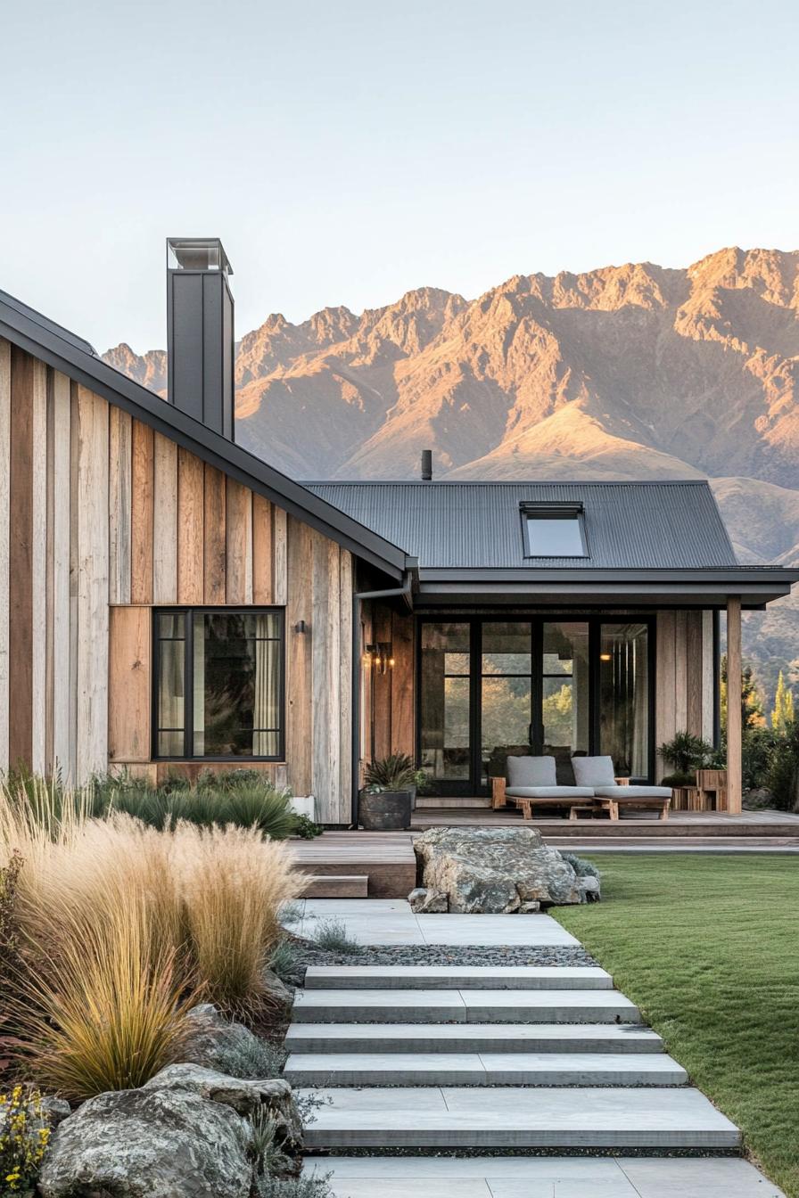 modern farmhouse style mountain home with reclaimed wood siding one side of the house is light wood other side is light wood front yard paved in 1