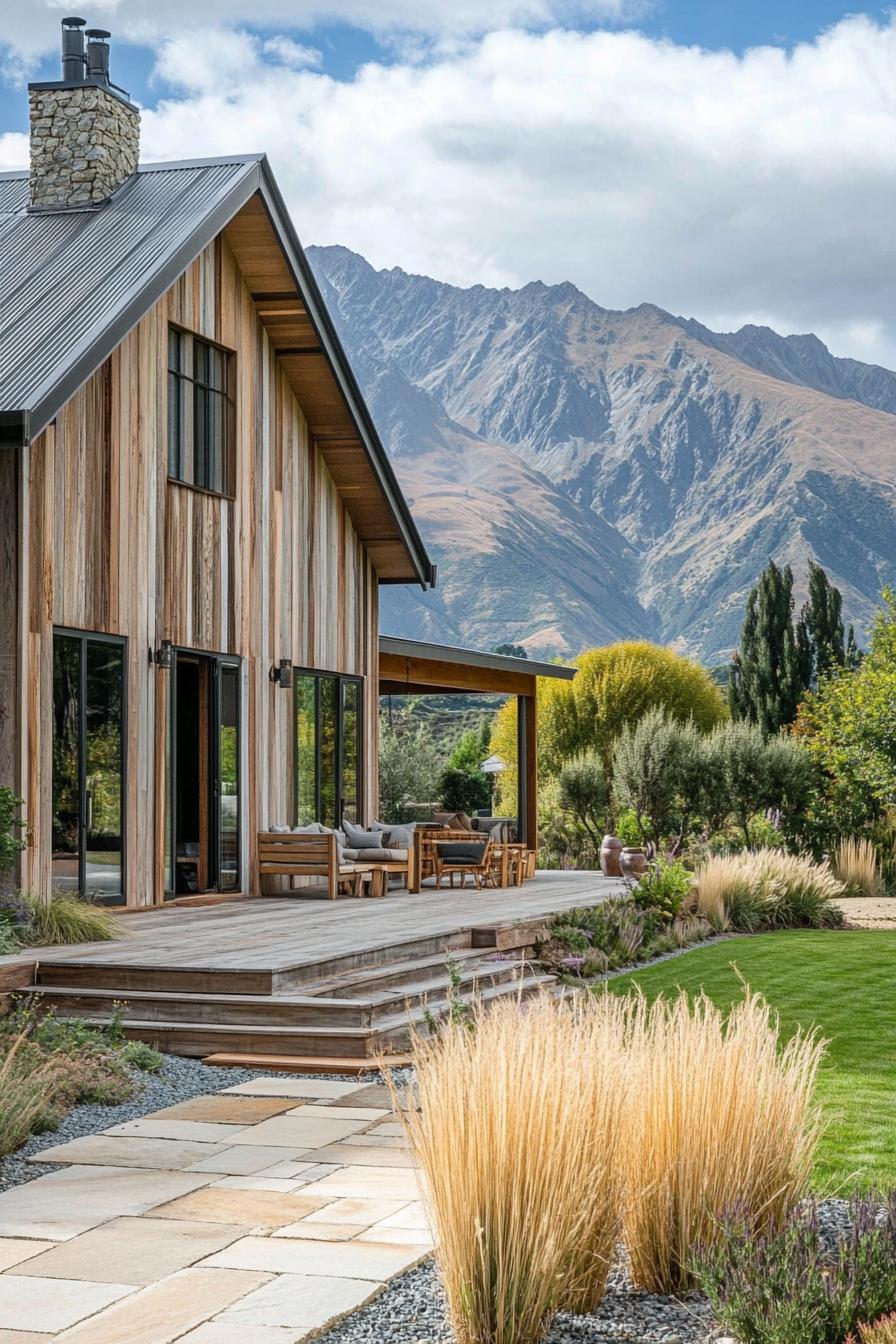 modern farmhouse style mountain home with reclaimed wood siding one side of the house is light wood other side is light wood front yard paved in 2