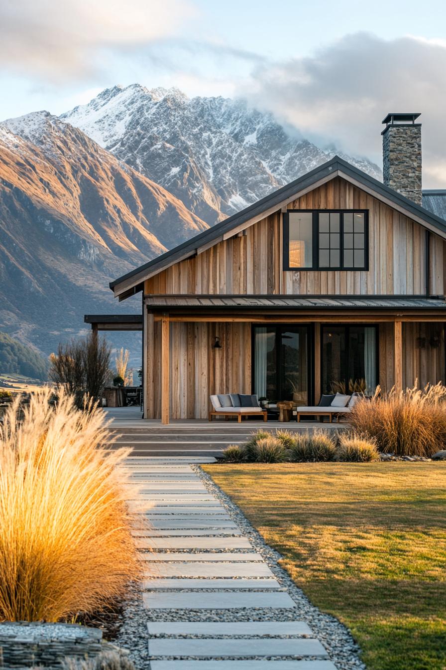 modern farmhouse style mountain home with reclaimed wood siding one side of the house is light wood other side is light wood front yard paved in