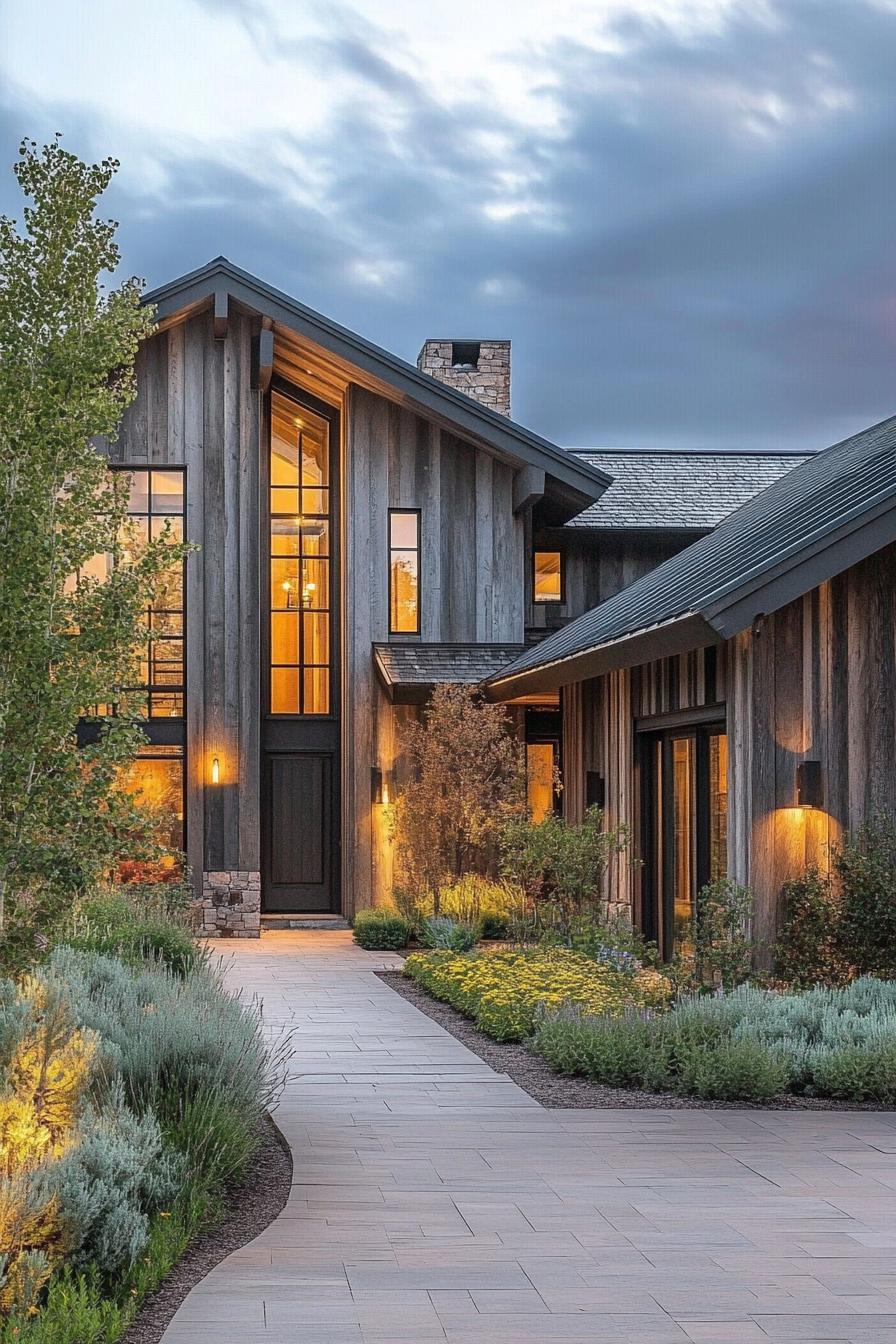 modern farmhouse style mountain mansion with reclaimed wood siding beautiful landscape with shrubs and gardens 1