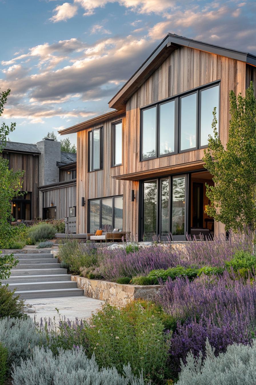 modern farmhouse style mountain mansion with reclaimed wood siding beautiful landscape with shrubs and gardens 2