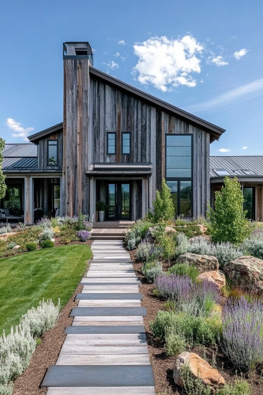 modern farmhouse style mountain mansion with reclaimed wood siding beautiful landscape with shrubs and gardens