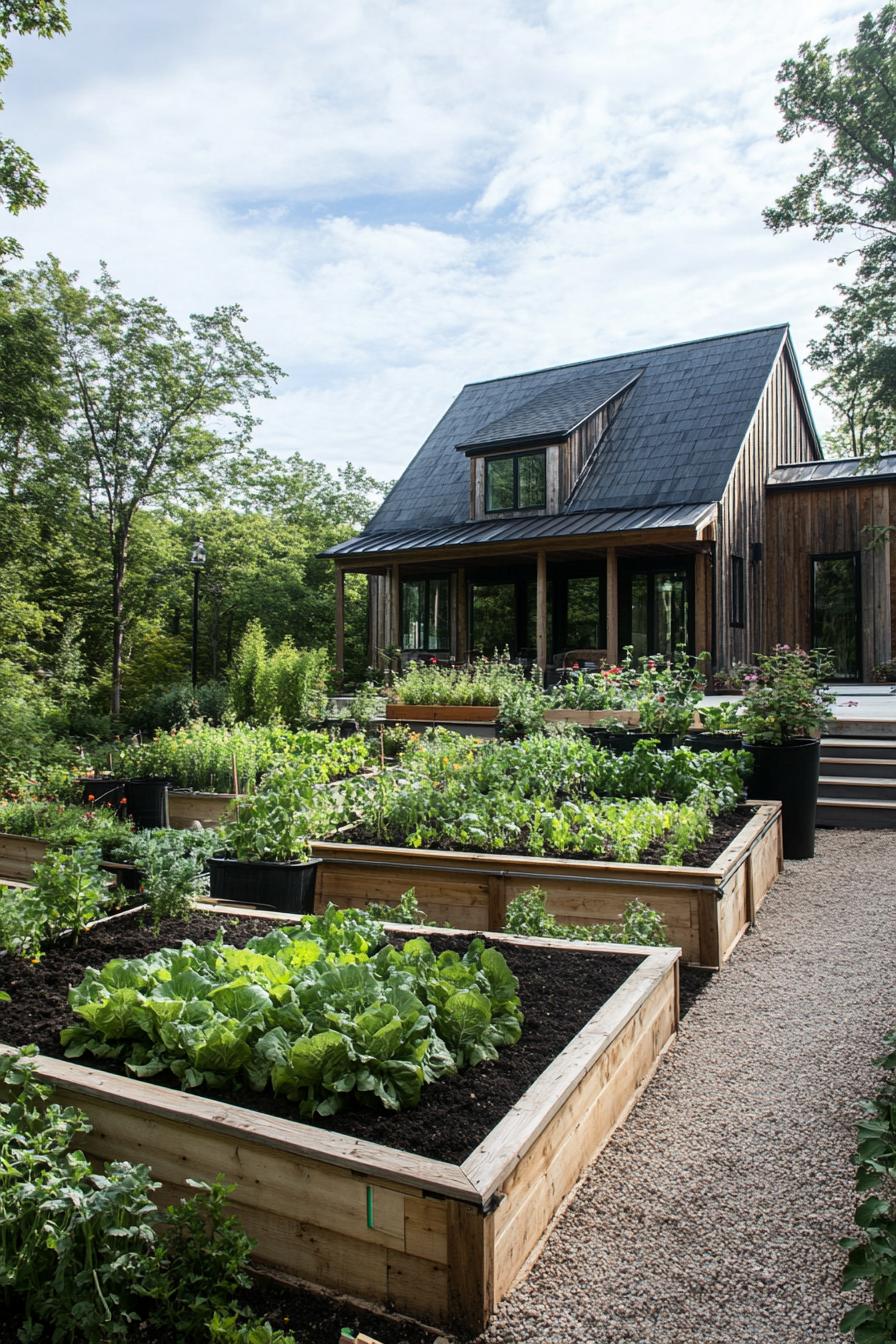 modern farmhouse with large veggie gardens and composting bins 1