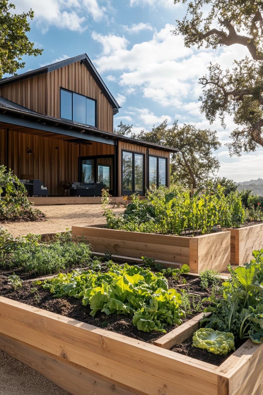 modern farmhouse with large veggie gardens and composting bins 2