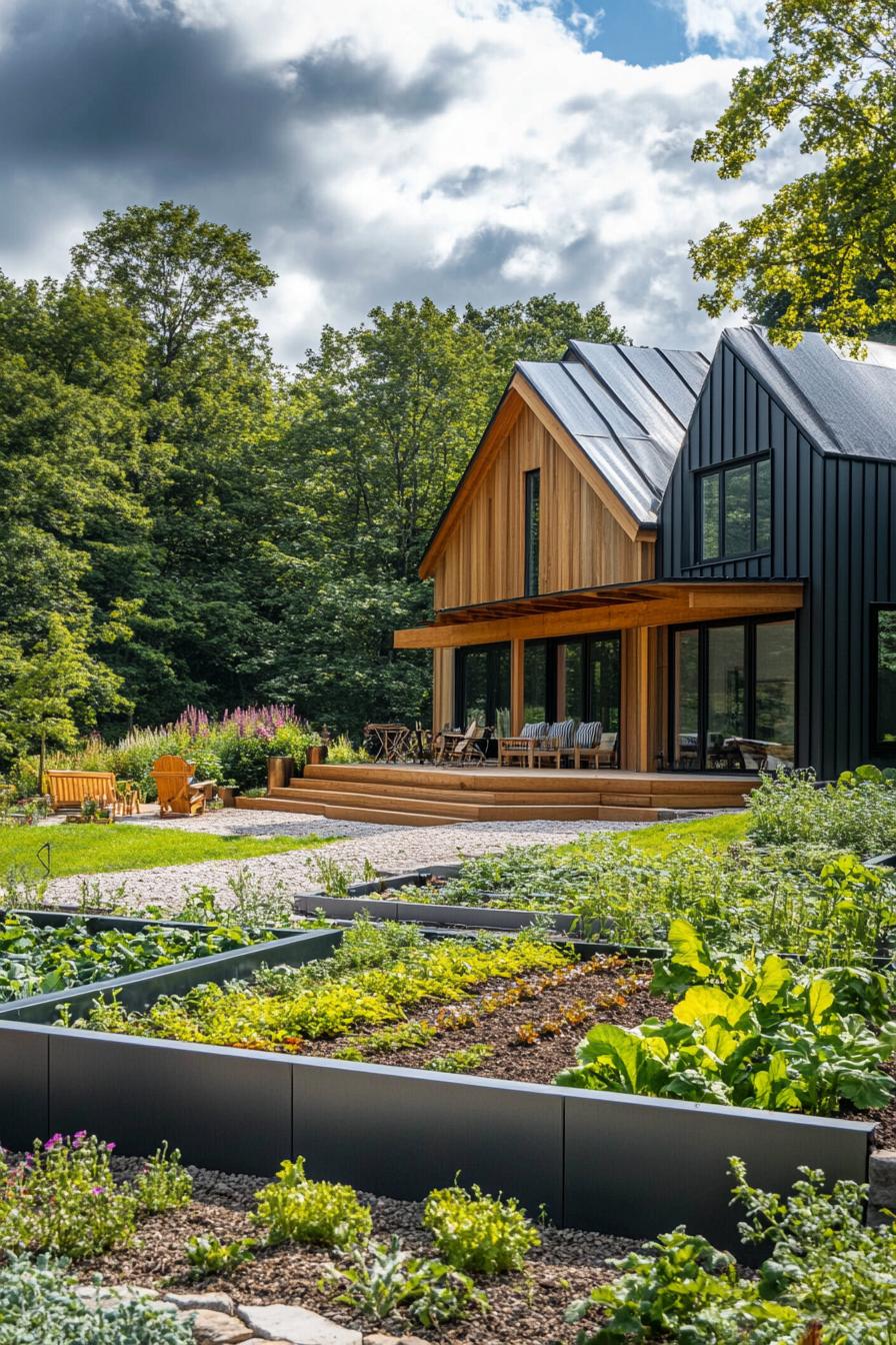 modern farmhouse with large veggie gardens and composting bins 3