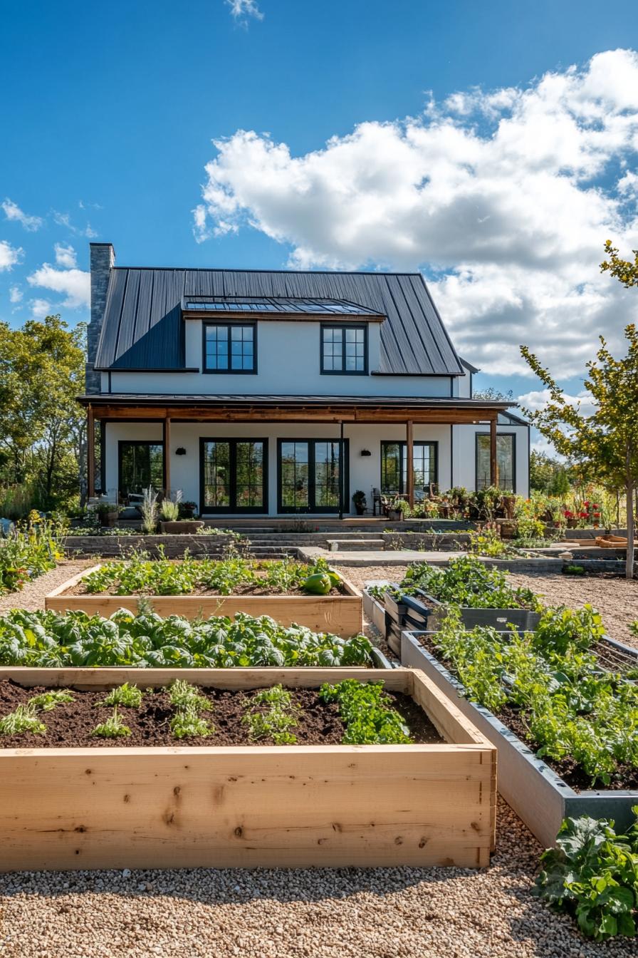 modern farmhouse with large veggie gardens and composting bins