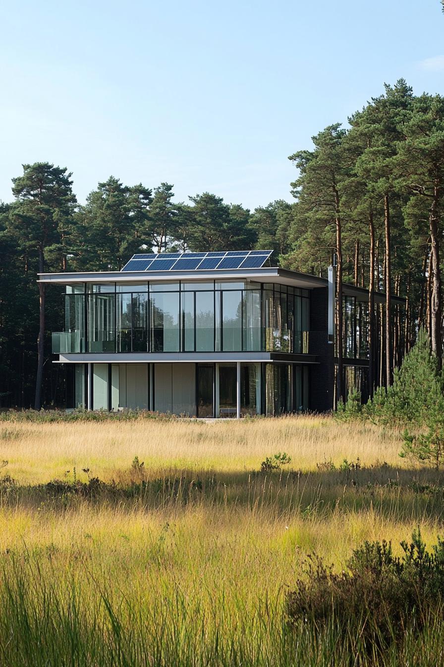 modern forest house glass cube facade with solar panels in a large plain field by a forest 1