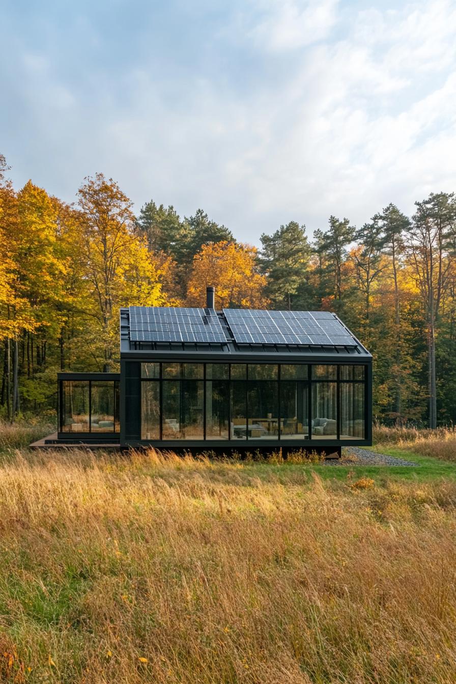 modern forest house glass cube facade with solar panels in a large plain field by a forest 2