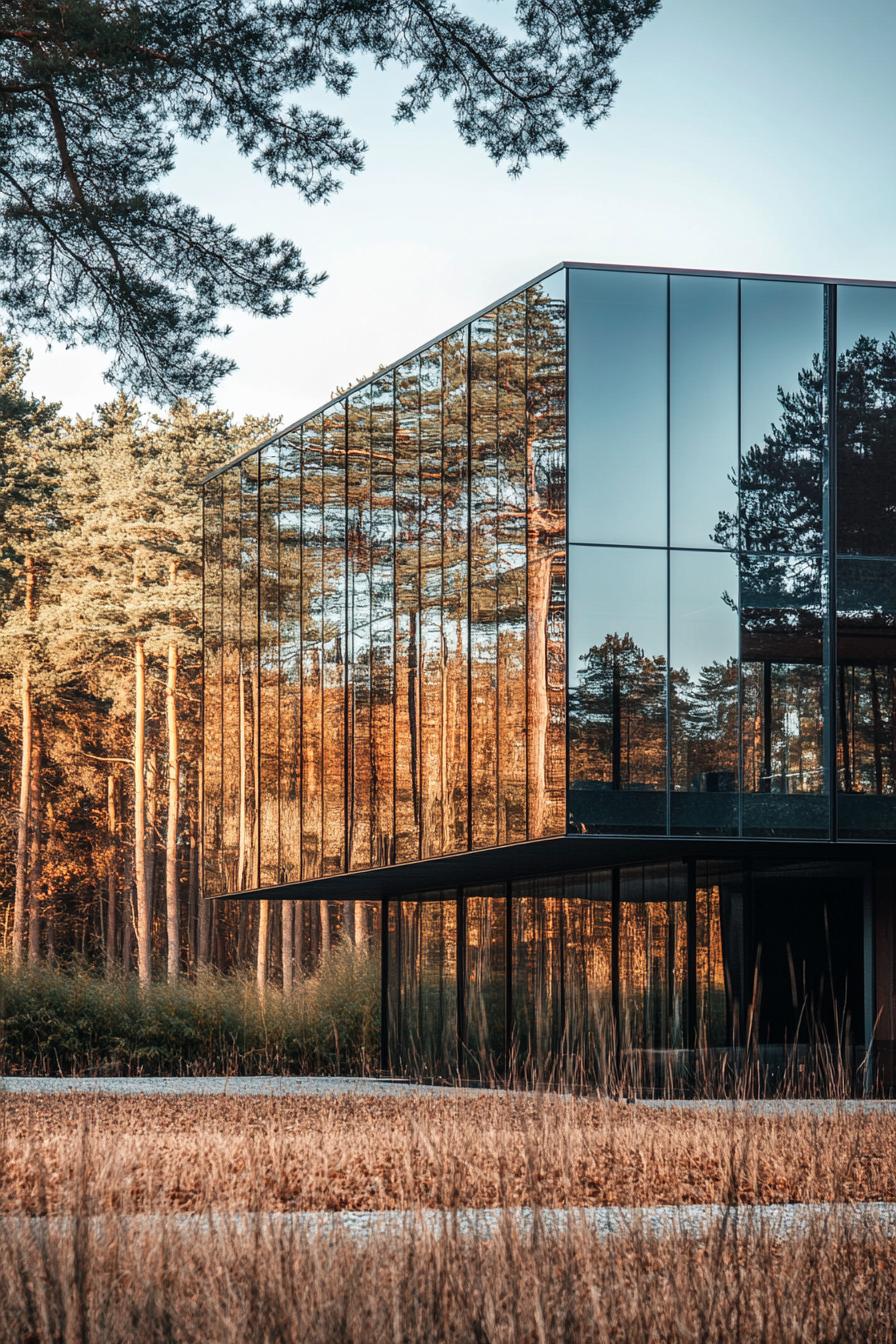 modern forest house glass cube facade with solar panels in a large plain field by a forest 3