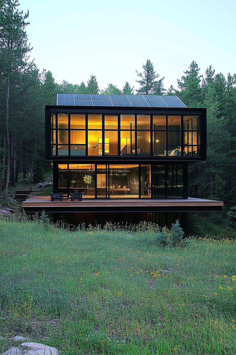 modern forest house glass cube facade with solar panels in a large plain field by a forest