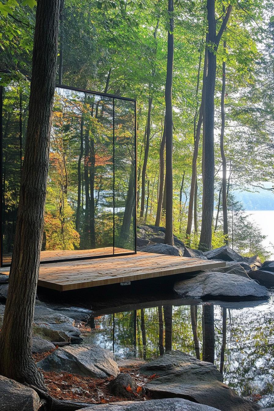 modern forest lakeside cabin with one site full wall mirror reflecting the lake shore 1