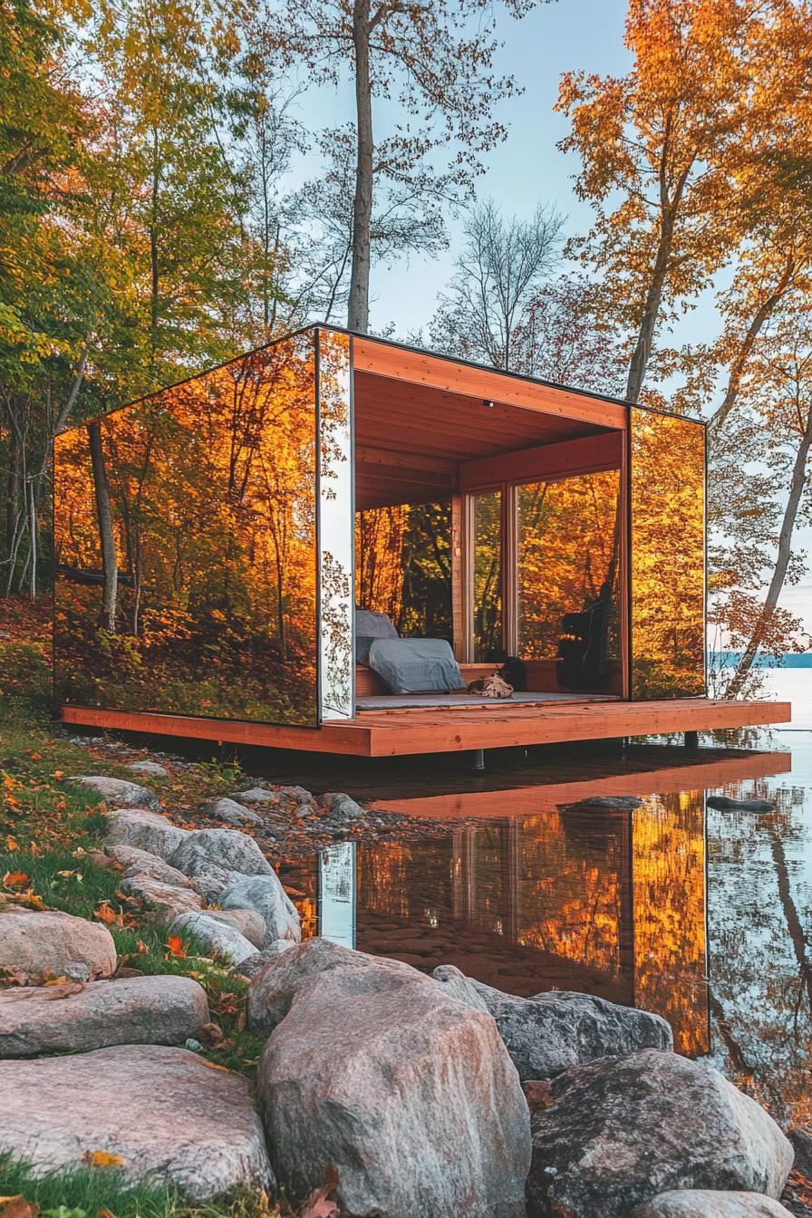 modern forest lakeside cabin with one site full wall mirror reflecting the lake shore