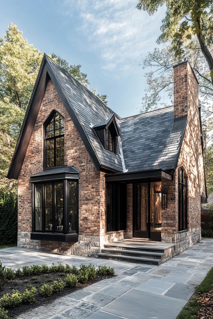 modern gothic style cottage facade with brick wood and stone 1