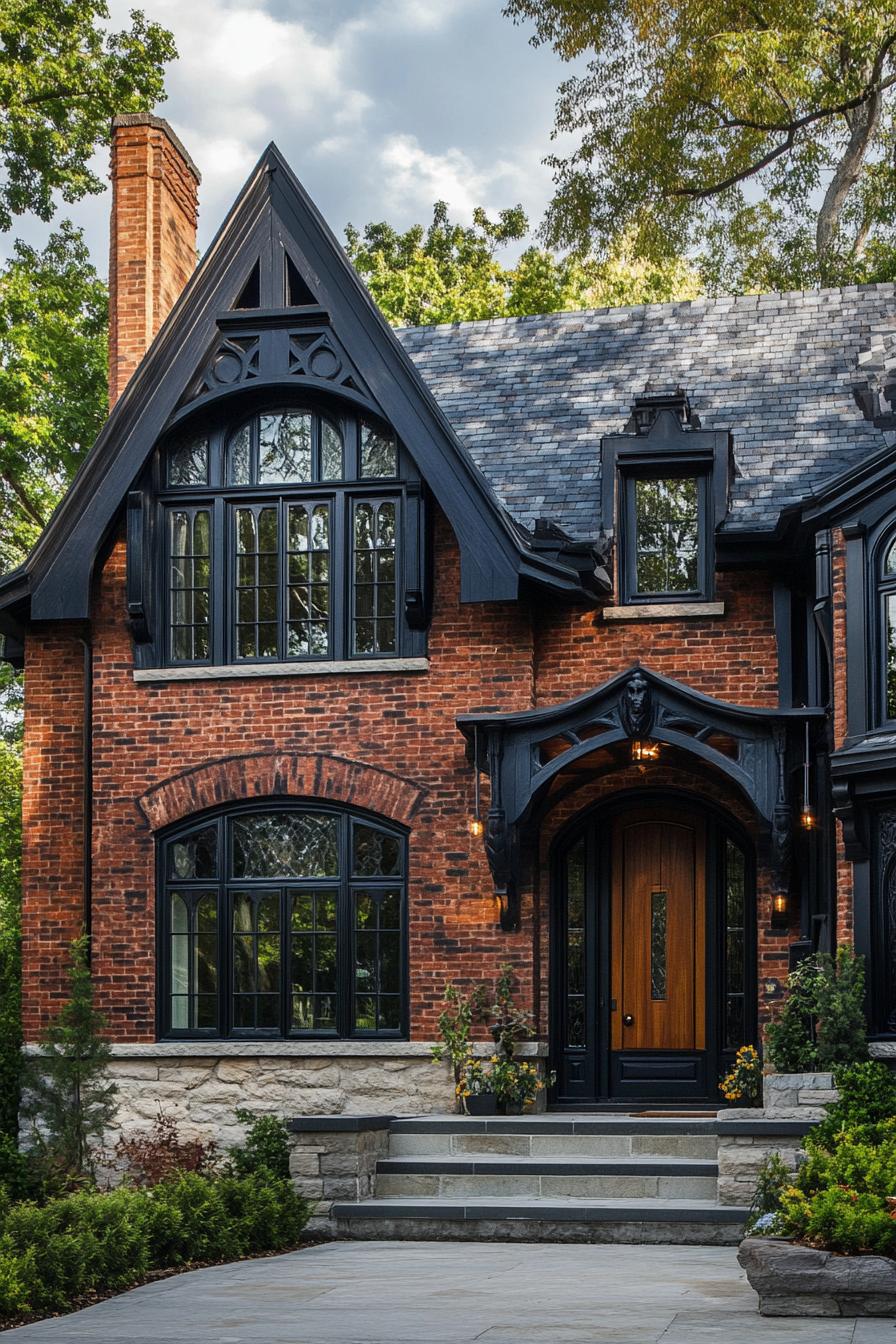 modern gothic style cottage facade with brick wood and stone 2