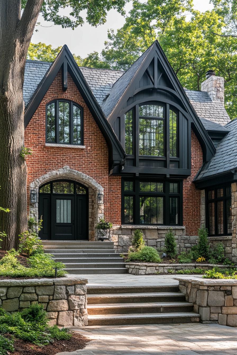 modern gothic style cottage facade with brick wood and stone 3