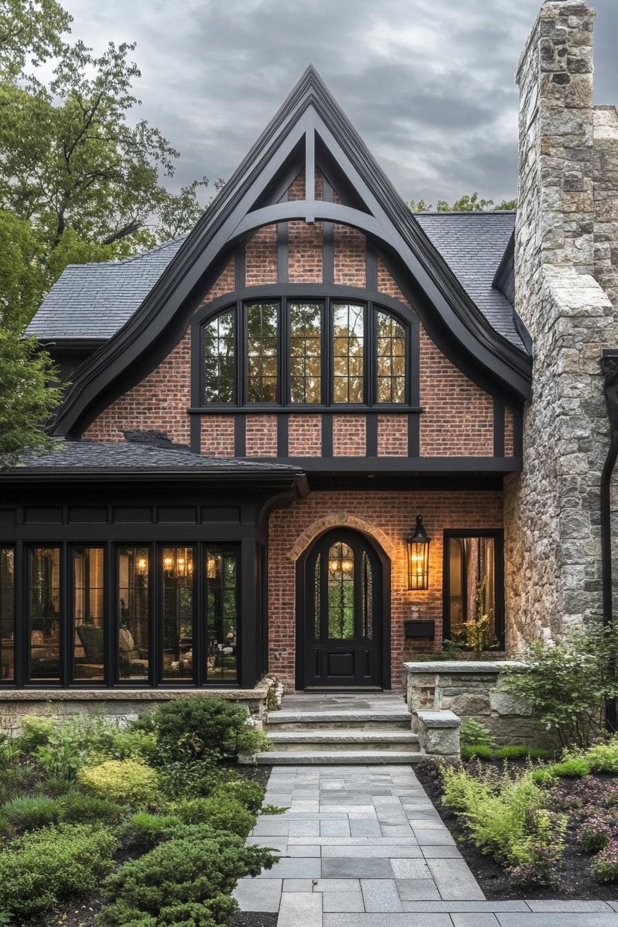 modern gothic style cottage facade with brick wood and stone