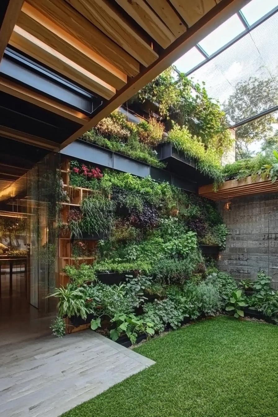 modern home covered inner courtyard with living garden walls