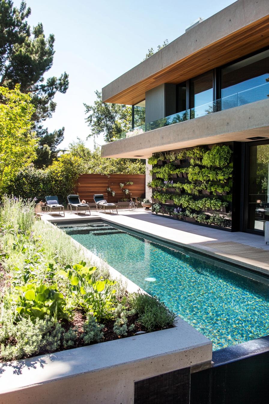 modern house backyard pool landscape with vertical herb garden