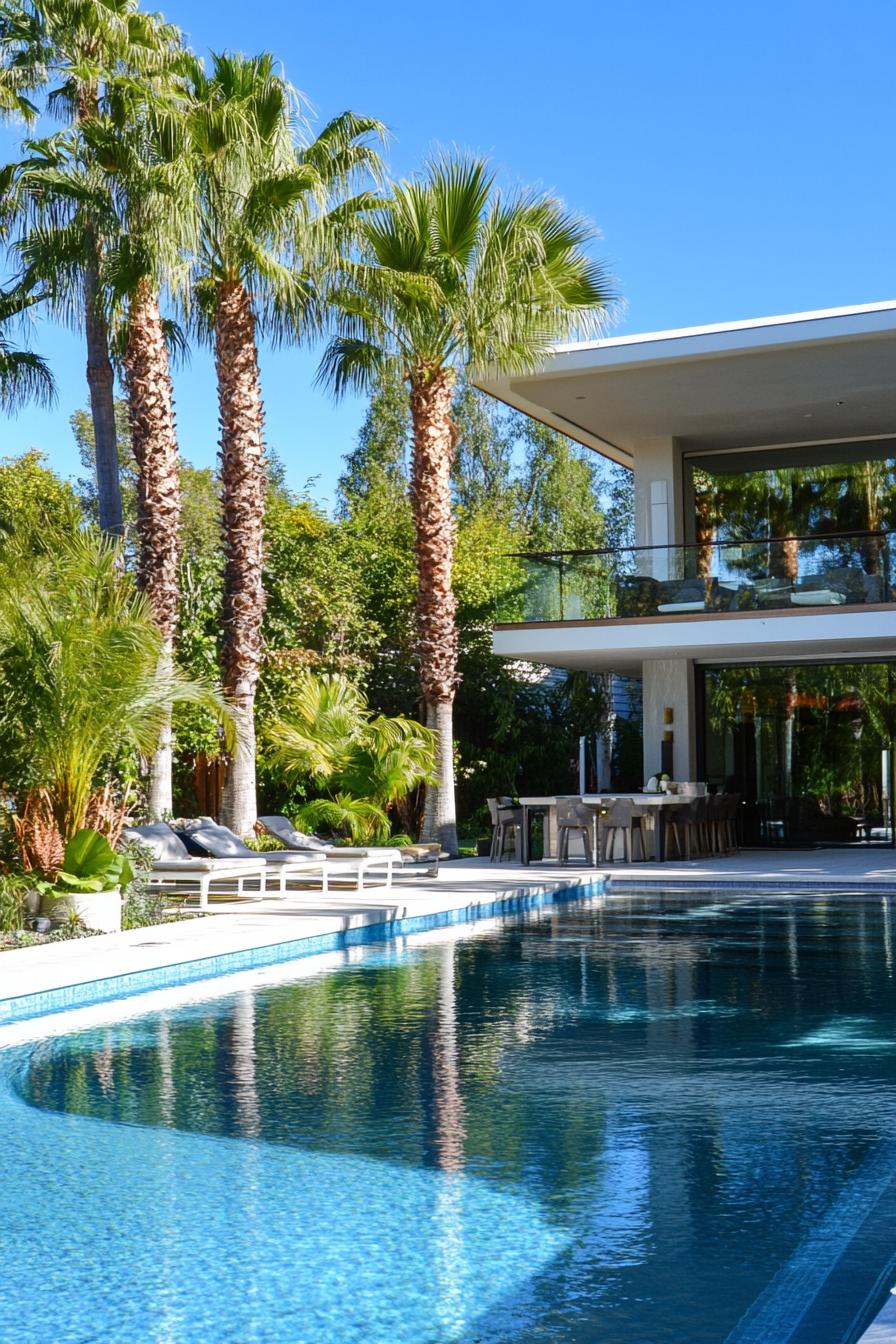 modern house pool with swim up bar tall palms in the backyard tropical landscape 1