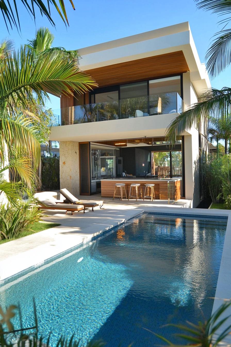 modern house pool with swim up bar tall palms in the backyard tropical landscape 2