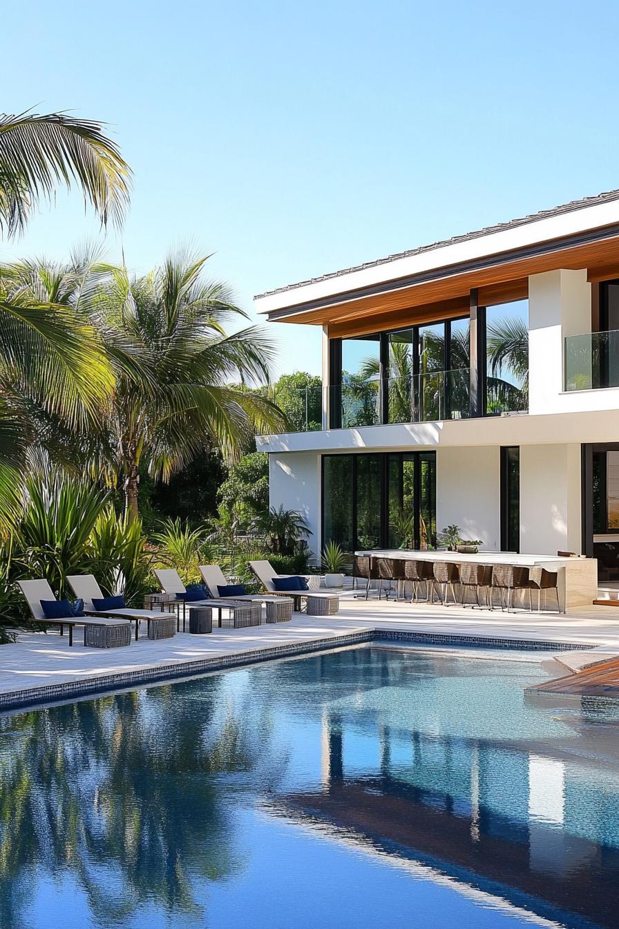 modern house pool with swim up bar tall palms in the backyard tropical landscape 3