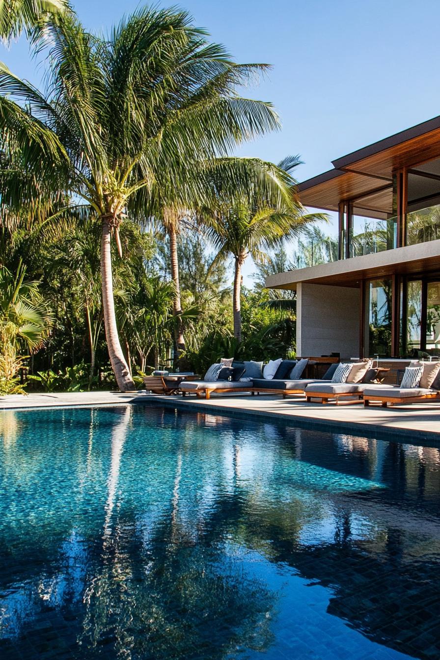 modern house pool with swim up bar tall palms in the backyard tropical landscape