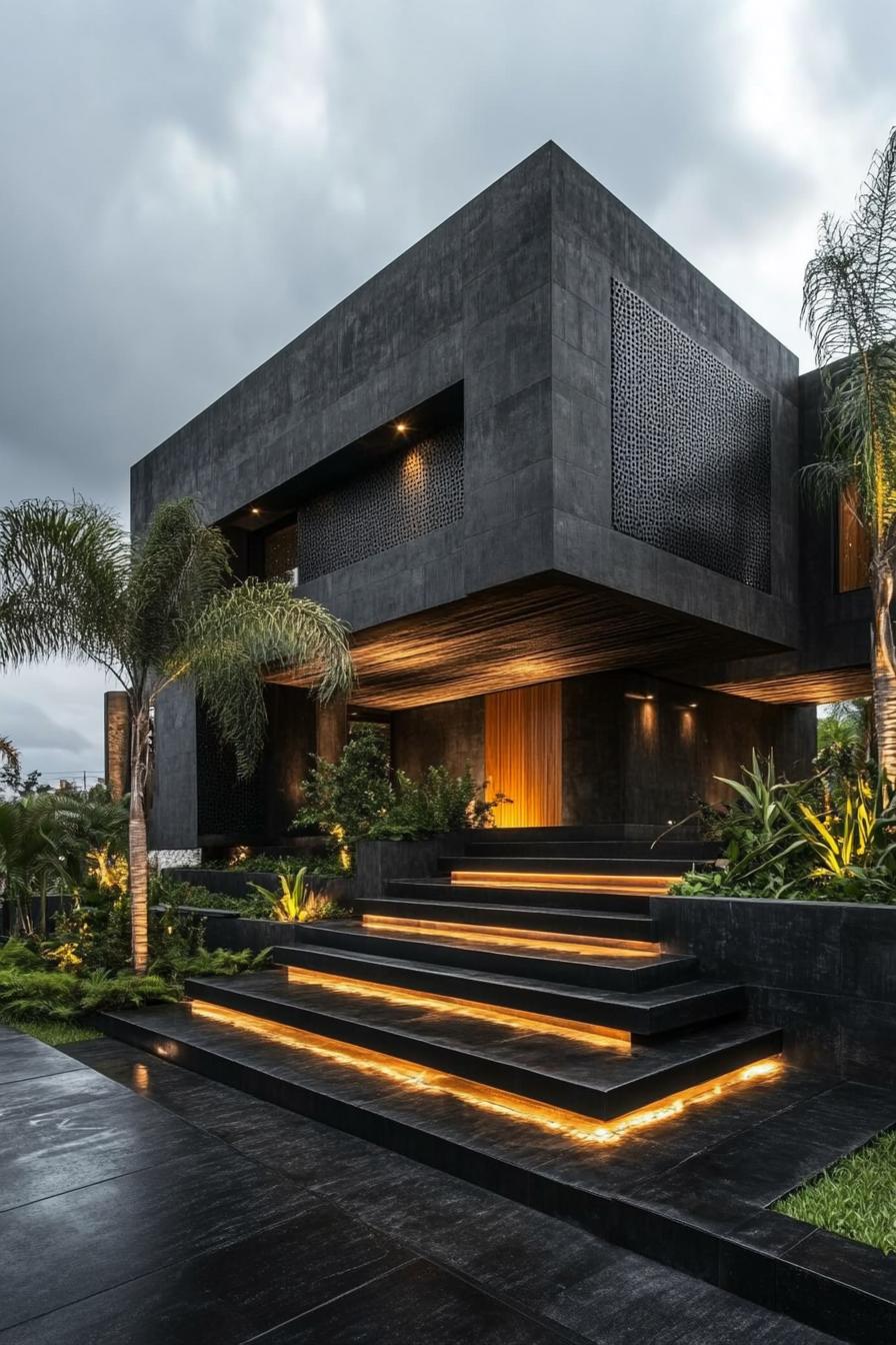 modern house with concrete and black slate facade perforated wood accent panels black concrete yard with LED lit steps garden beds lush tropical 1