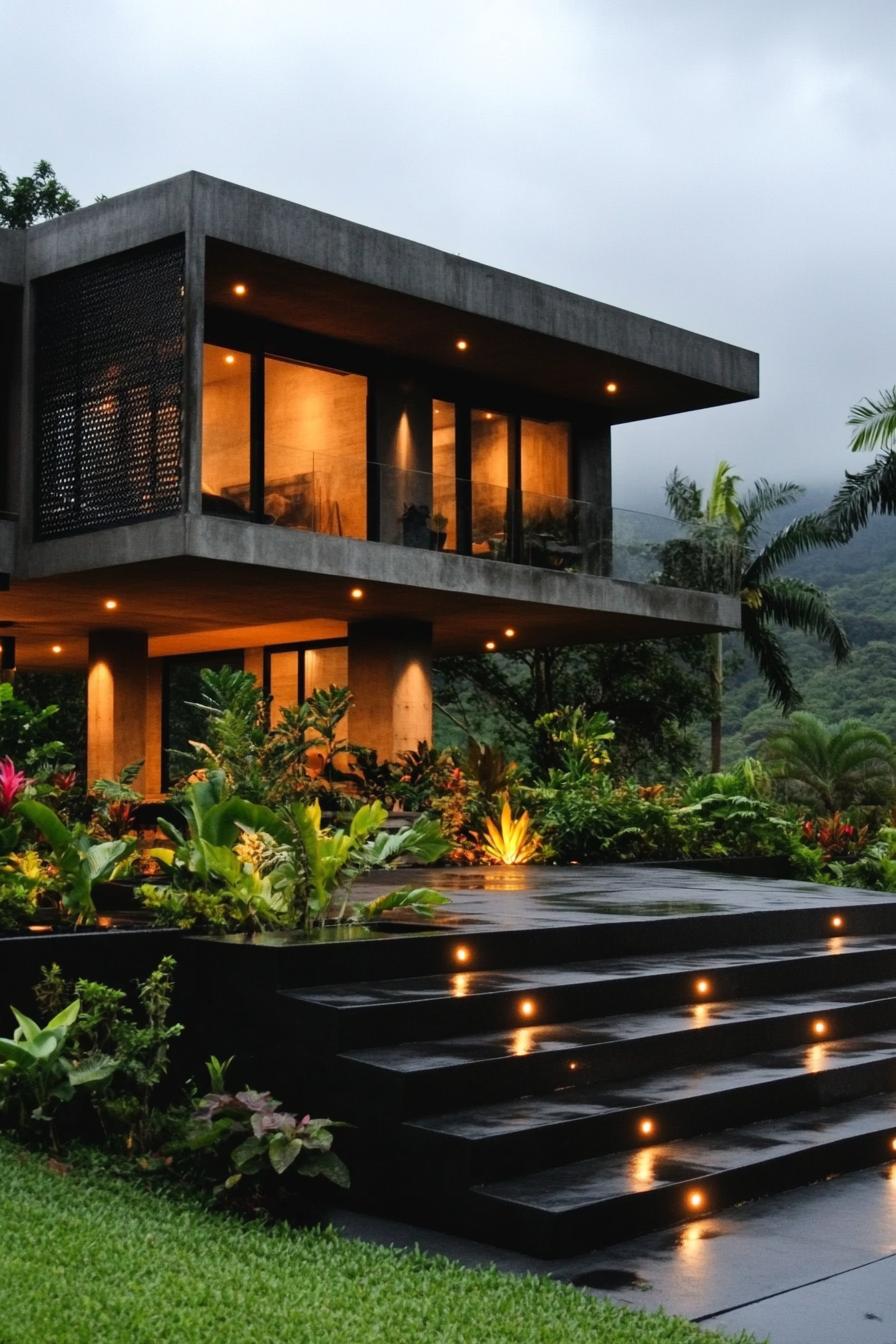 modern house with concrete and black slate facade perforated wood accent panels black concrete yard with LED lit steps garden beds lush tropical 2