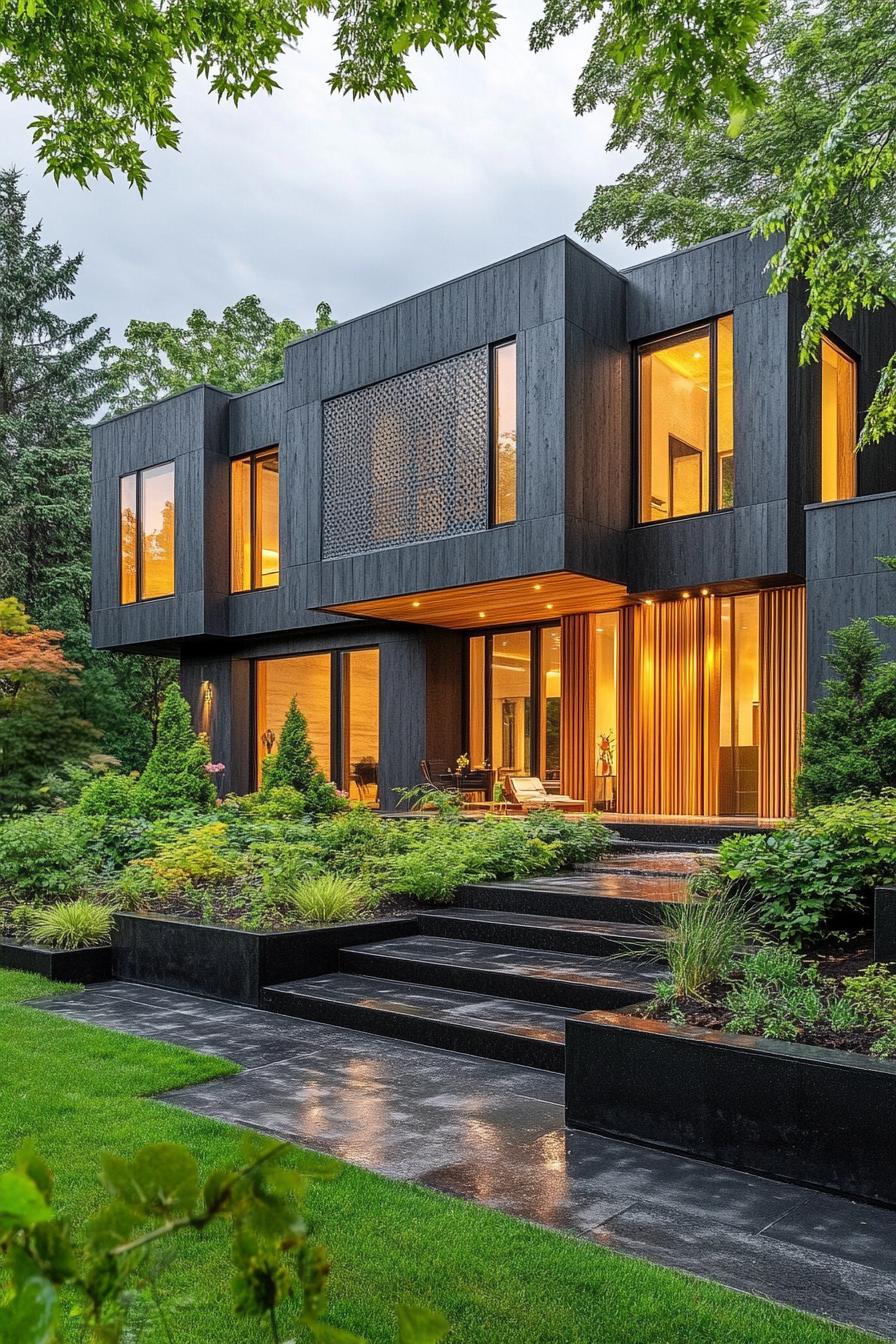 modern house with concrete and black slate facade perforated wood accent panels black concrete yard with LED lit steps garden beds lush tropical 3