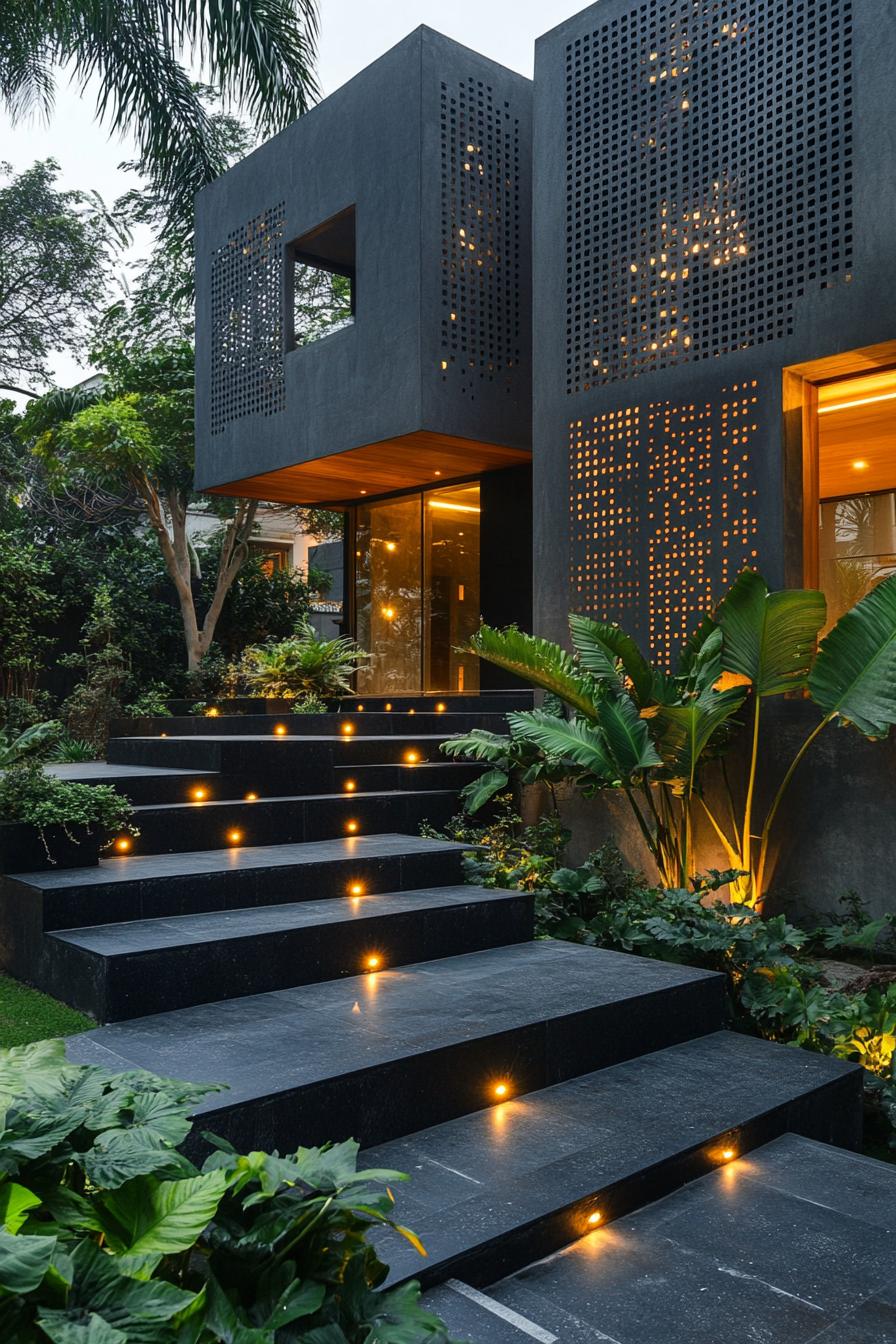 modern house with concrete and black slate facade perforated wood accent panels black concrete yard with LED lit steps garden beds lush tropical