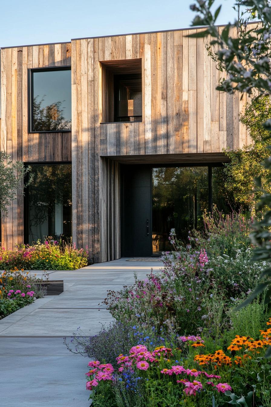 modern house with reclaimed wood cladding front yard with flower gardens 1