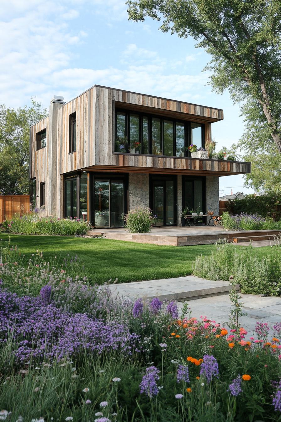 modern house with reclaimed wood cladding front yard with flower gardens 2