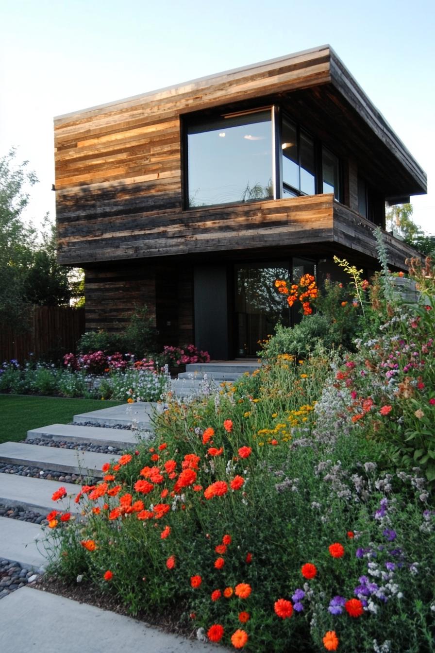 modern house with reclaimed wood cladding front yard with flower gardens 3