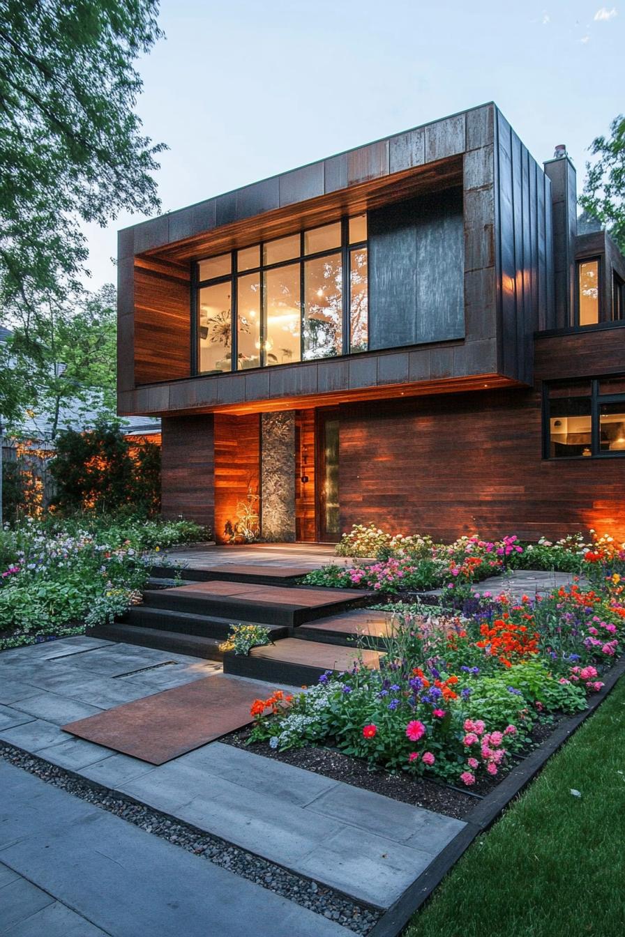 modern house with reclaimed wood cladding front yard with flower gardens