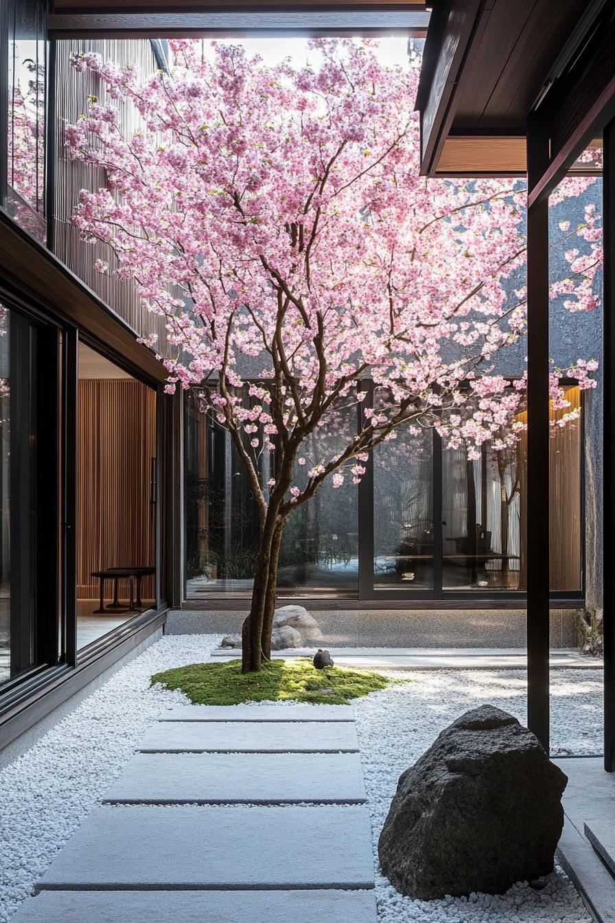 Japanese courtyard with a blooming cherry tree