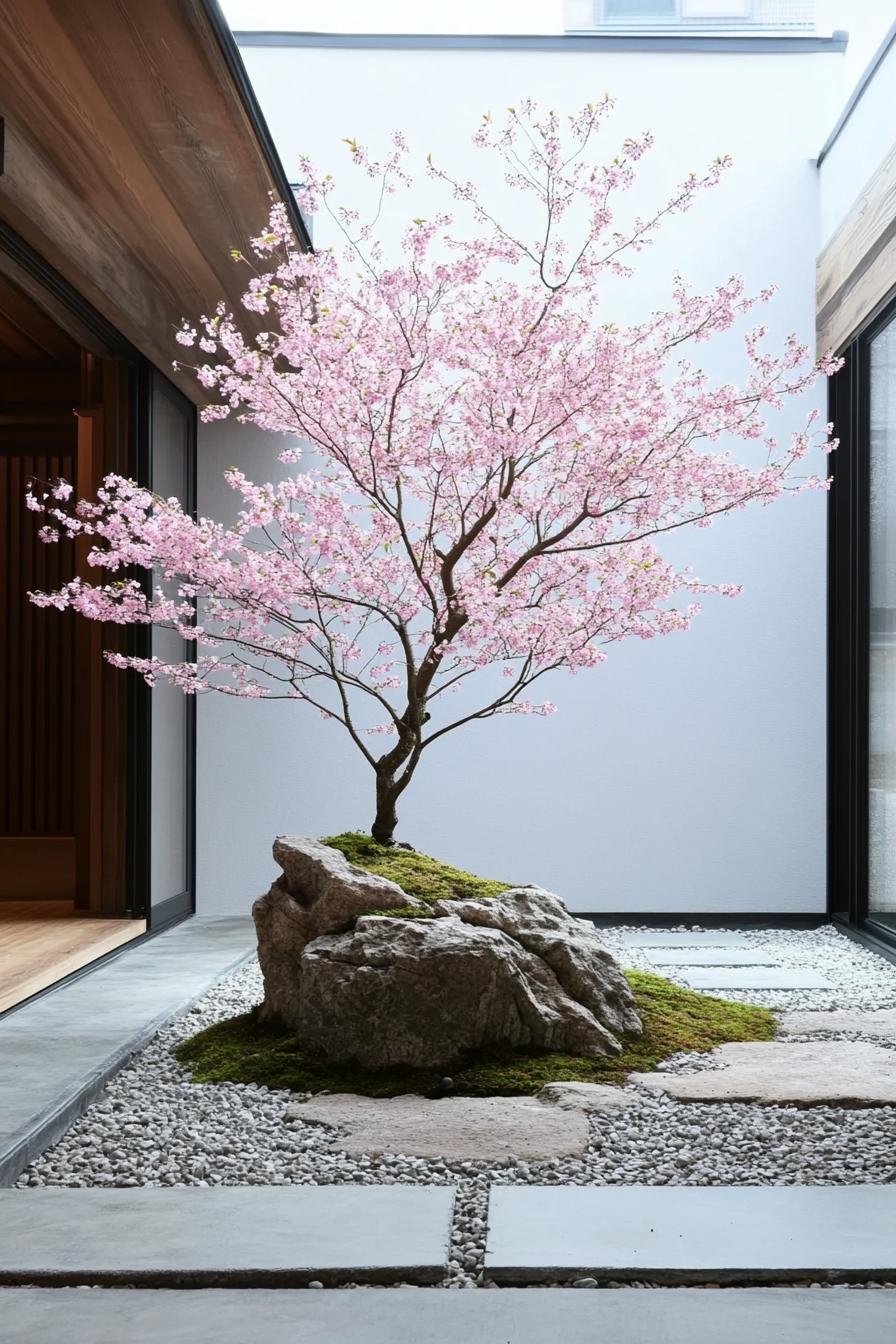 A serene courtyard with a cherry blossom tree on a rock