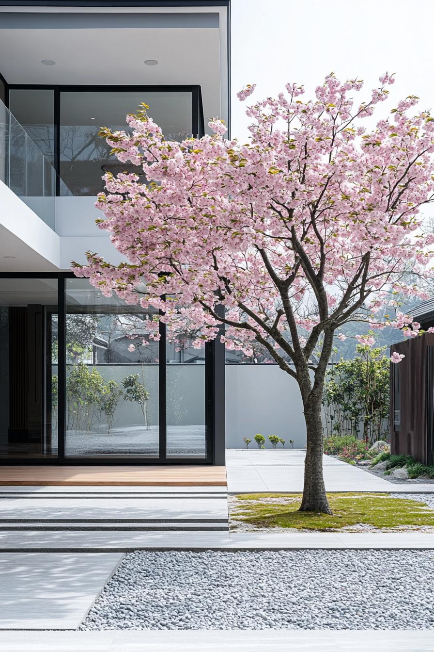 Cherry tree in a modern Japanese courtyard with glass walls