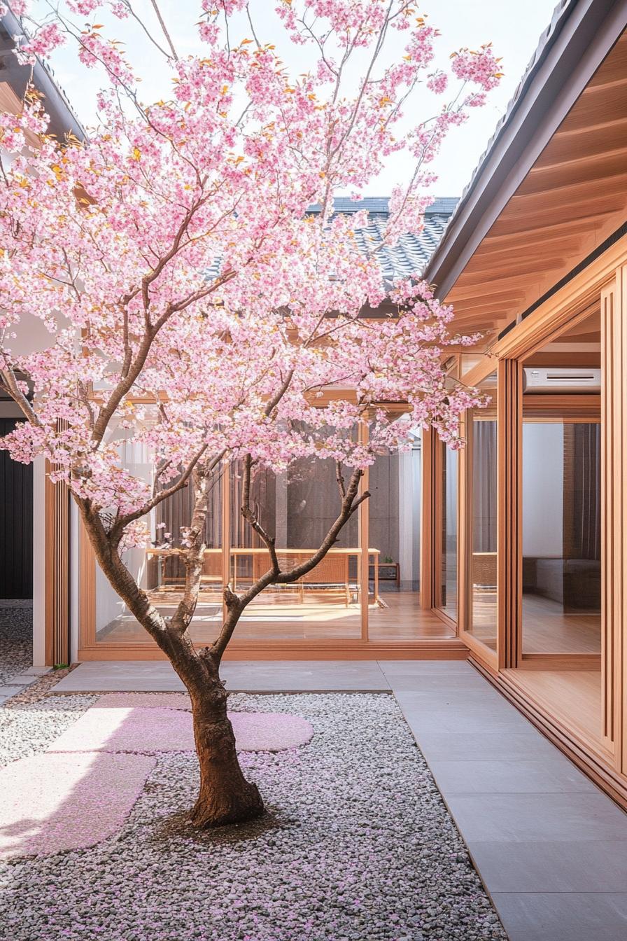 A cherry blossom tree in a Japanese courtyard