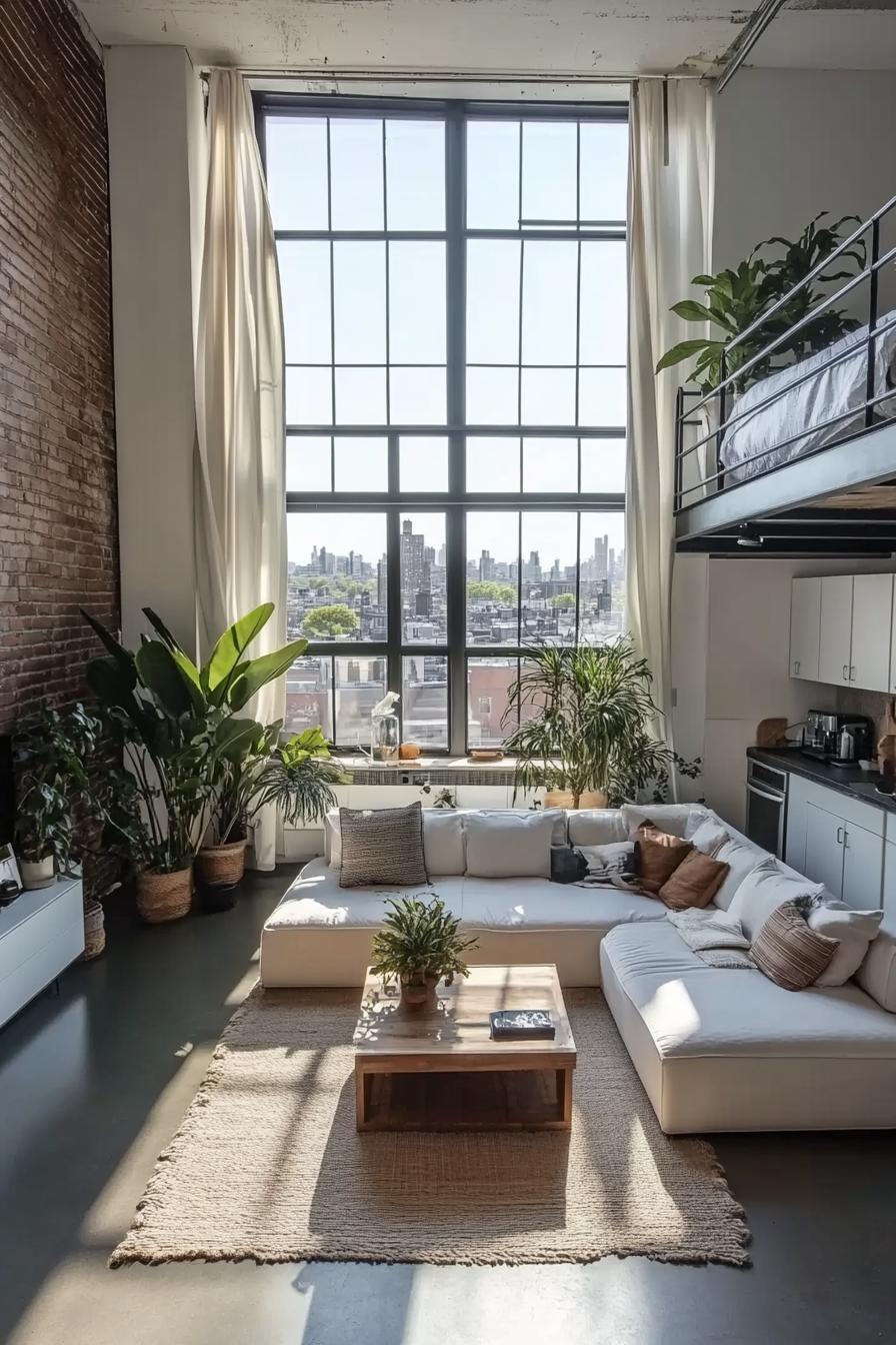 modern lofted apartment with white walls dark concrete floor full wall window in black trim with window sill and brick wall underneath house plants 1