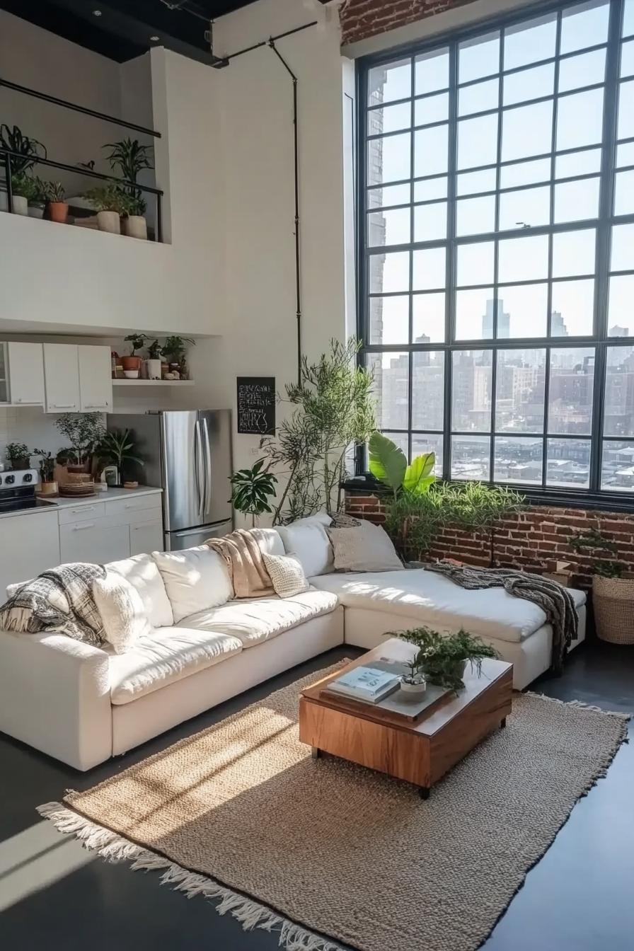 modern lofted apartment with white walls dark concrete floor full wall window in black trim with window sill and brick wall underneath house plants 2