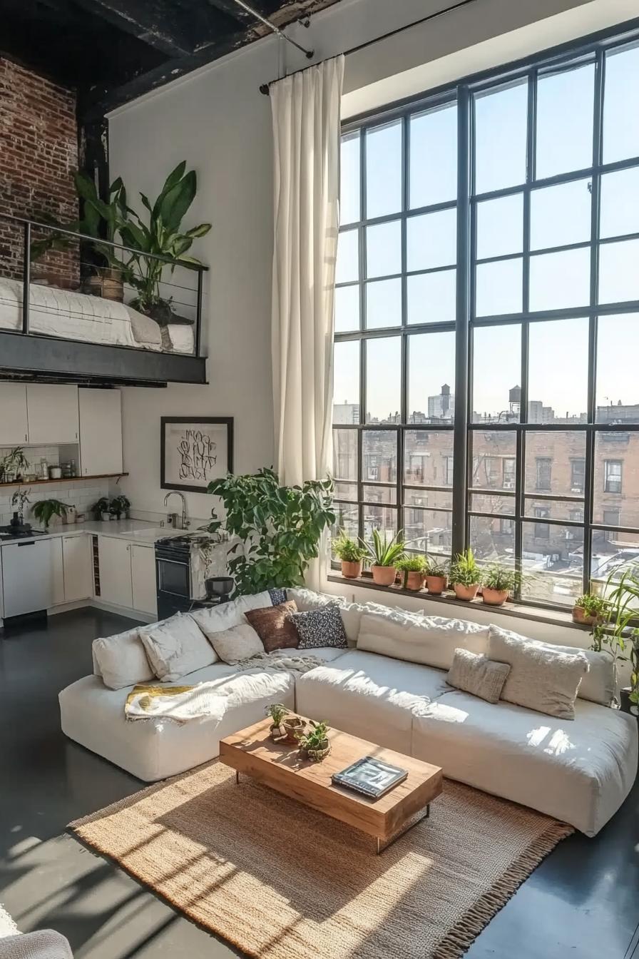 modern lofted apartment with white walls dark concrete floor full wall window in black trim with window sill and brick wall underneath house plants 3