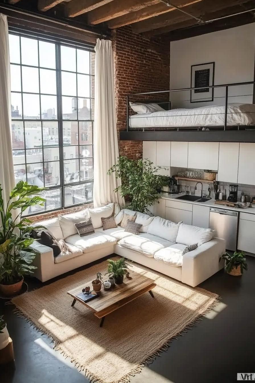 modern lofted apartment with white walls dark concrete floor full wall window in black trim with window sill and brick wall underneath house plants